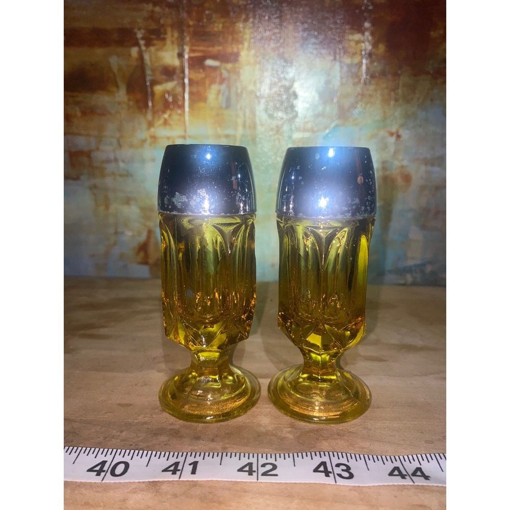 Vintage Amber Glass Salt and Pepper Shakers Footed‎ Pedestal Panelled Yellow MCM